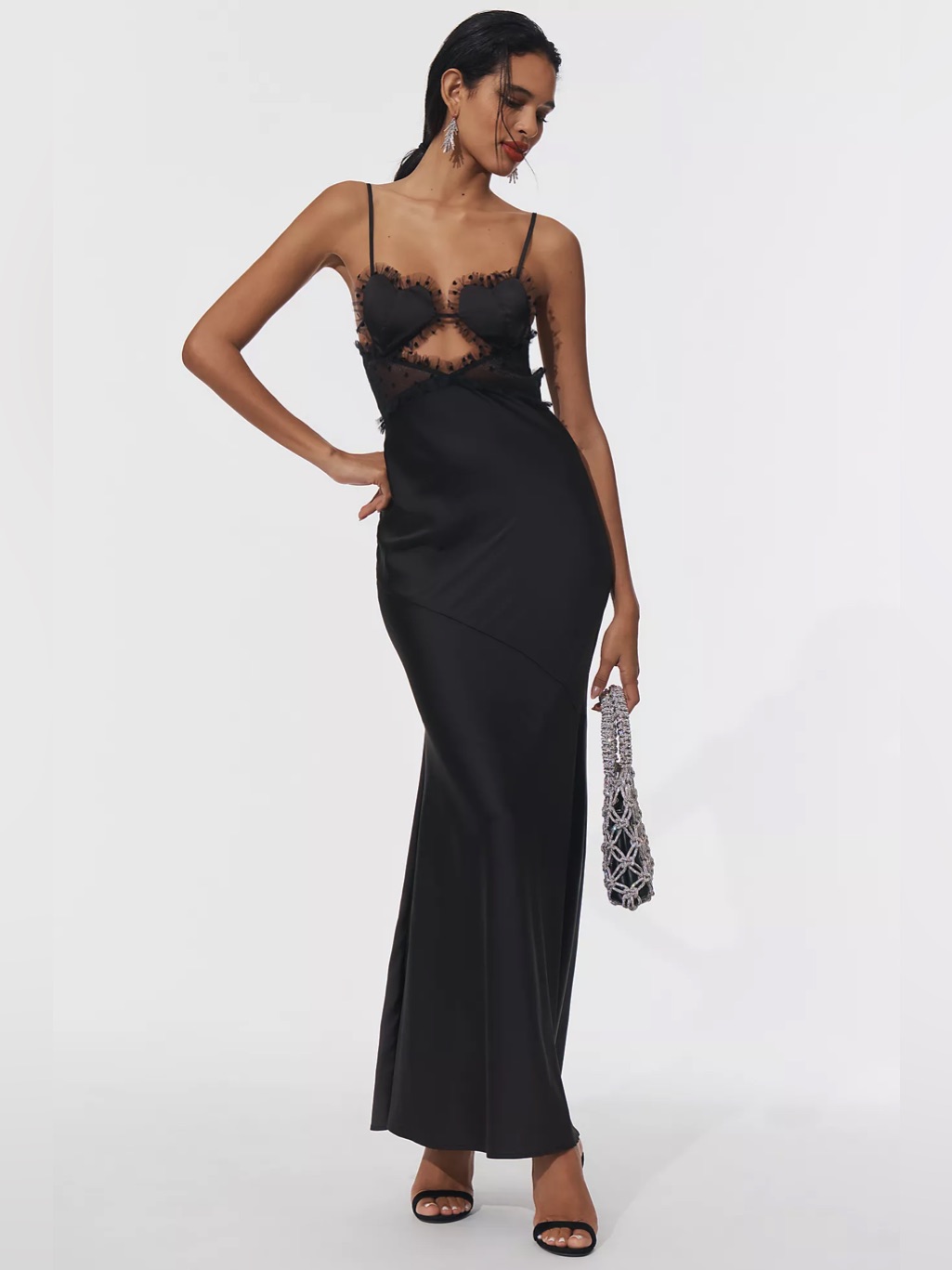 For Love & Lemons Black Satin Maxi Dress With Lace Bodice